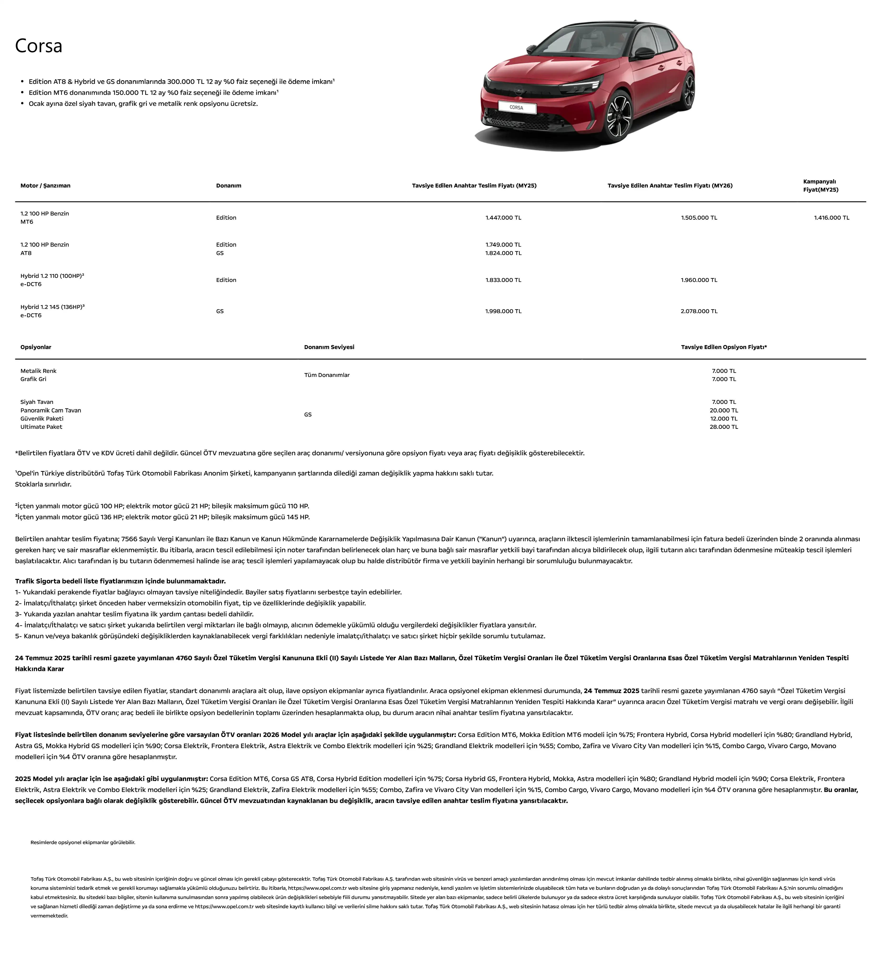 Opel 2025 2026 Model Araclar Ocak 2026 Fiyat Listesi